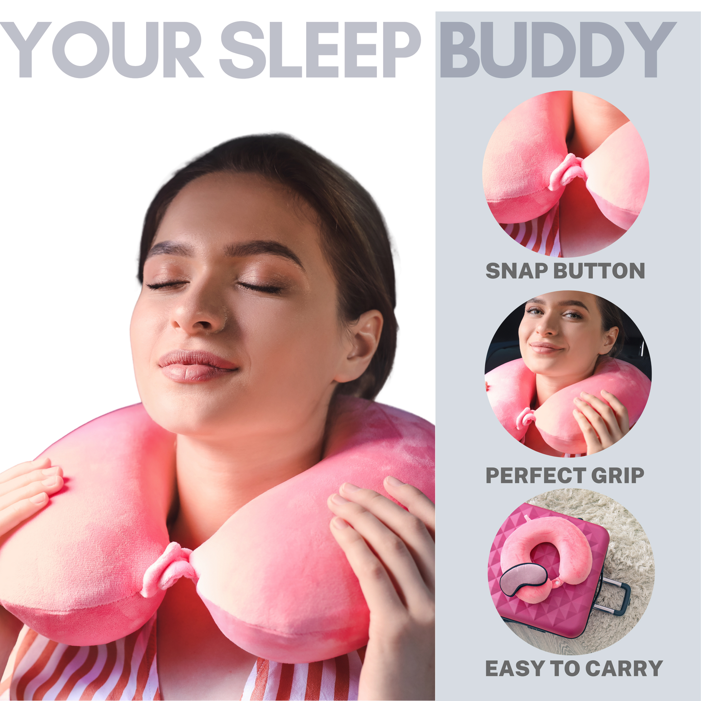 Travel Neck Pillow  in Microfibre filling with Premium velvet soft fabric cover, with snap button, standard size, for comfort travel in car, bus, flight