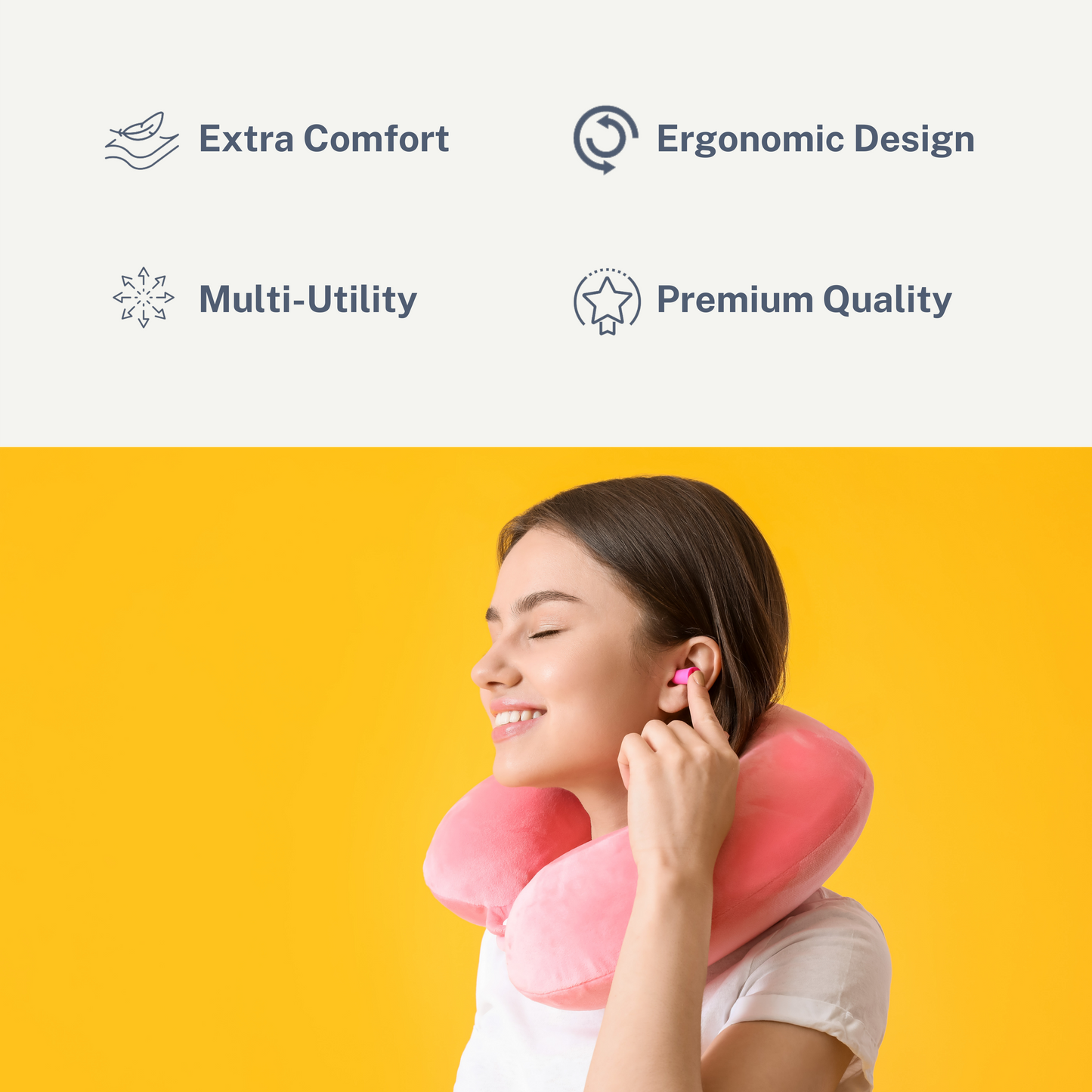 Travel Neck Pillow  in Microfibre filling with Premium velvet soft fabric cover, with snap button, standard size, for comfort travel in car, bus, flight