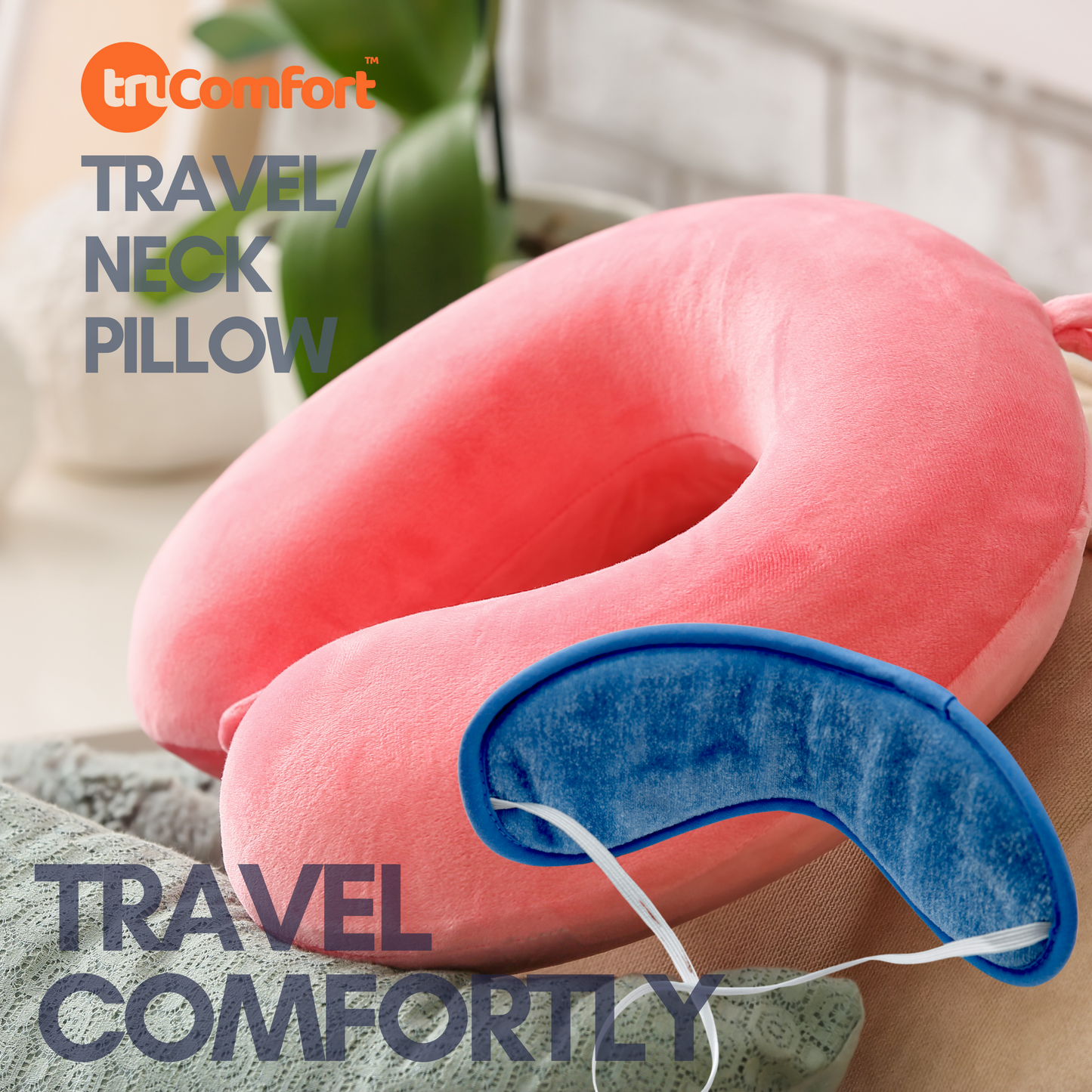 Travel Neck Pillow  in Microfibre filling with Premium velvet soft fabric cover, with snap button, standard size, for comfort travel in car, bus, flight